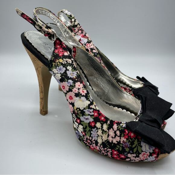 Rampage Black Floral Cork Heel Peep Toe Stiletto Shoes Womens 10 Y2K Whimsigoth - Picture 6 of 8